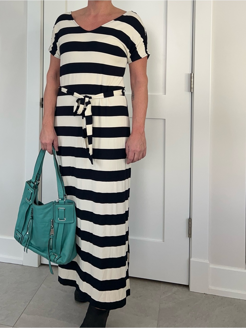 Banana Republic Navy & Cream Striped Maxi Dress with Tie Waist